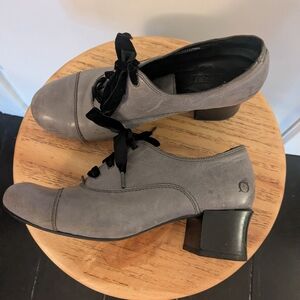 Born Gray Granny Lace-Up Block Heel Oxfords with Black Ribbon Laces
